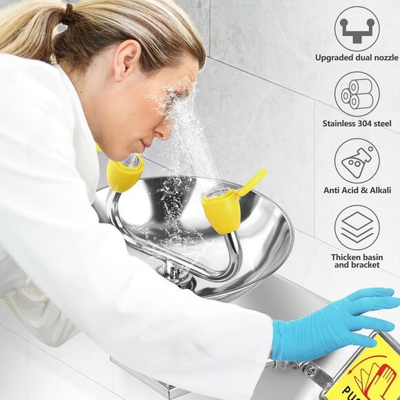 304 Stainless Steel Eye Wash Station, Wall-Mounted Emergency Eye Washer Enlarged - Picture 4 of 7